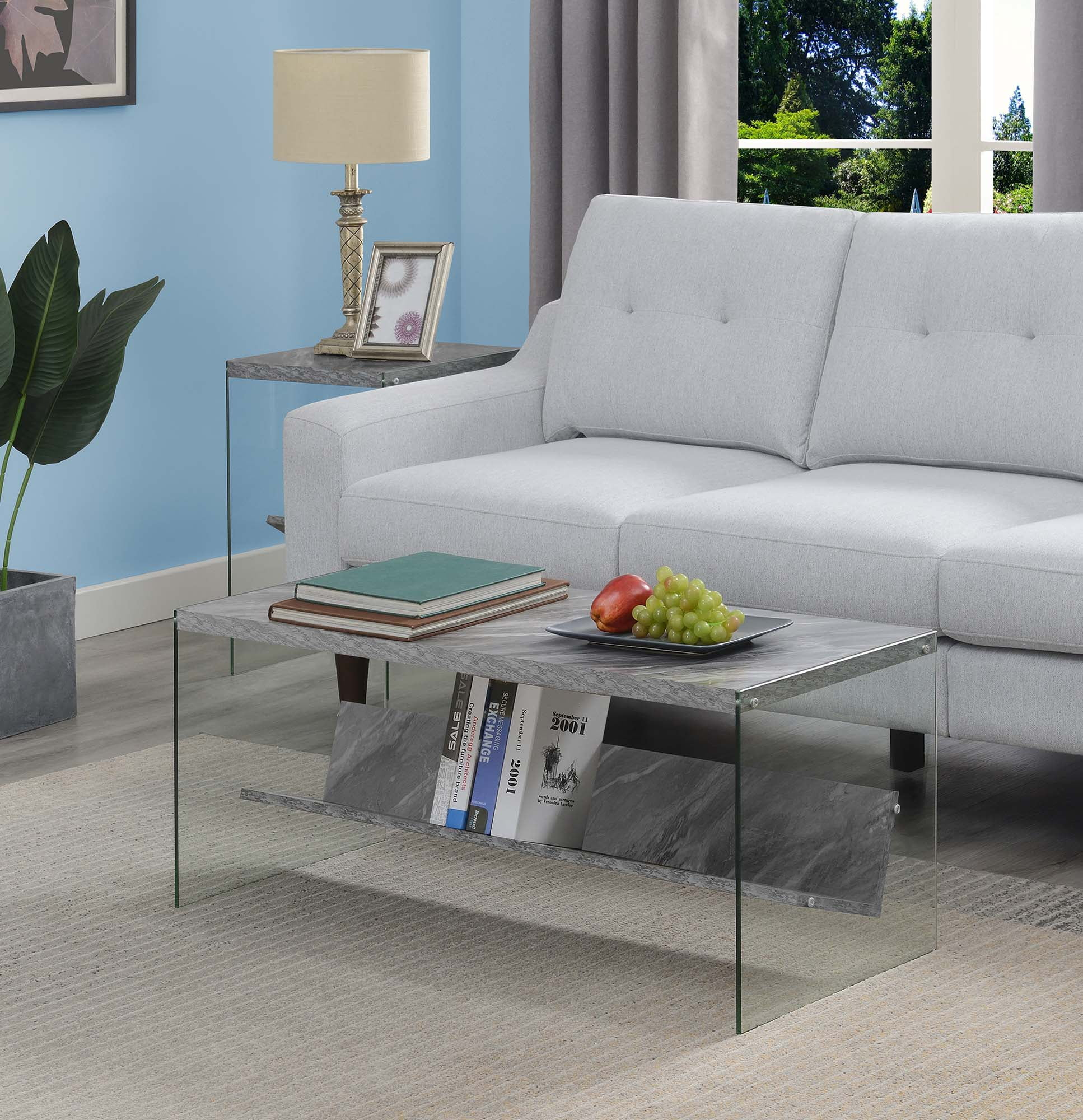 Convenience Concepts Soho Coffee Table in Gray Faux Marble Wood with Glass Sides
