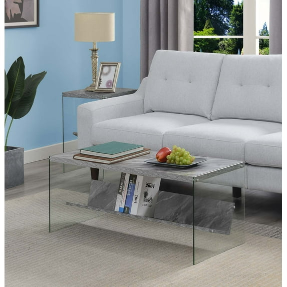 Convenience Concepts Soho Coffee Table in Gray Faux Marble Wood with Glass Sides
