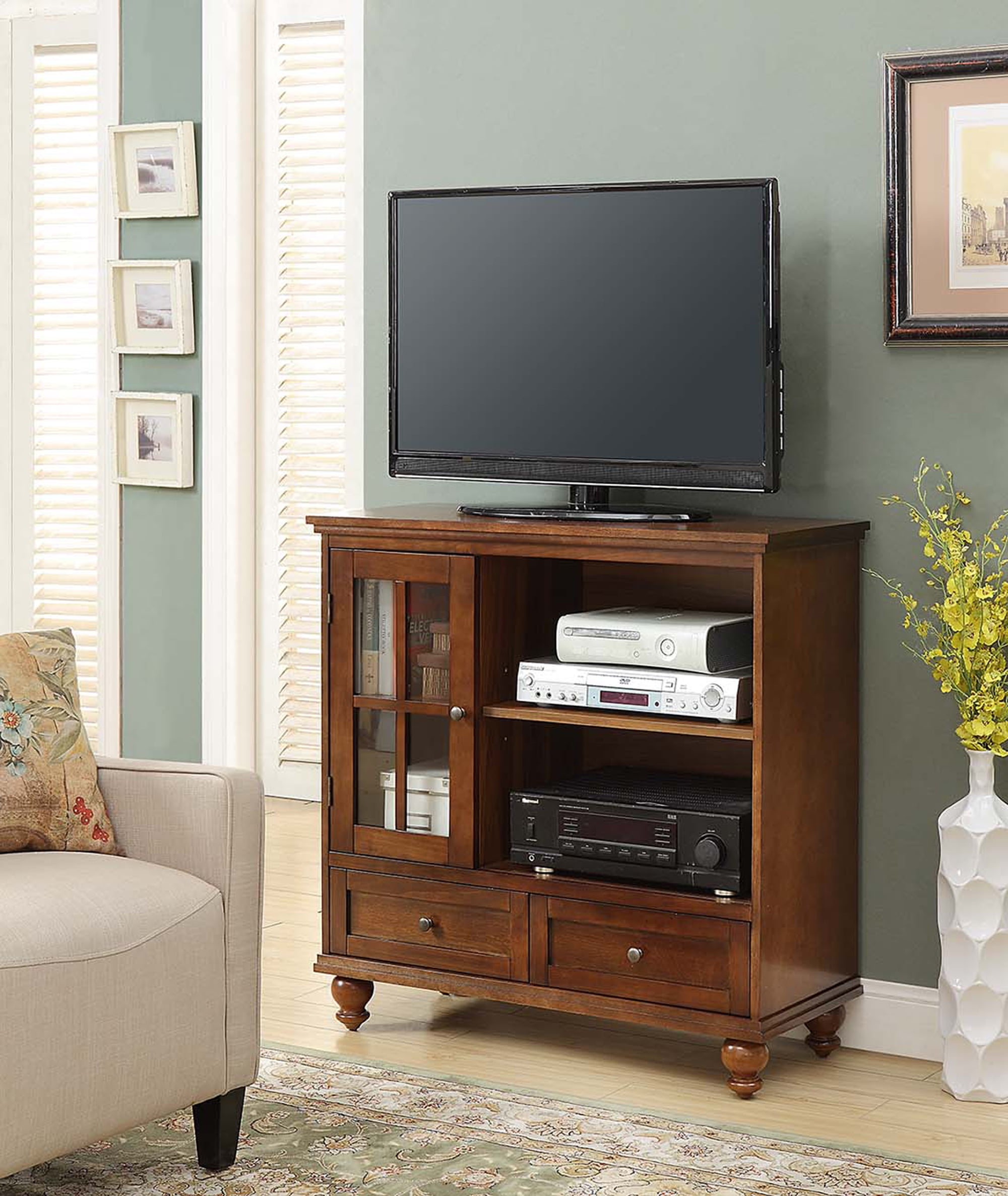 Convenience Concepts Tahoe Highboy 2 Drawer TV Stand with Storage Cabinet and Shelves, Dark Walnut