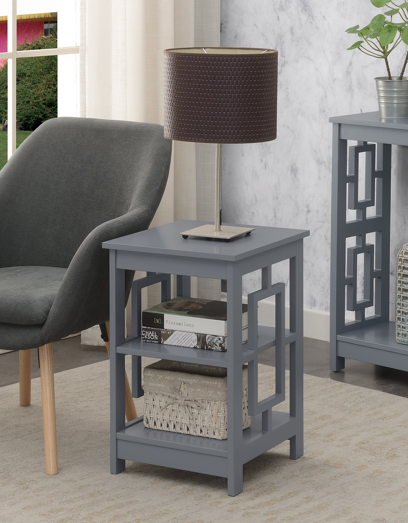 Convenience Concepts Town Square End Table with Shelves in Gray Wood Finish