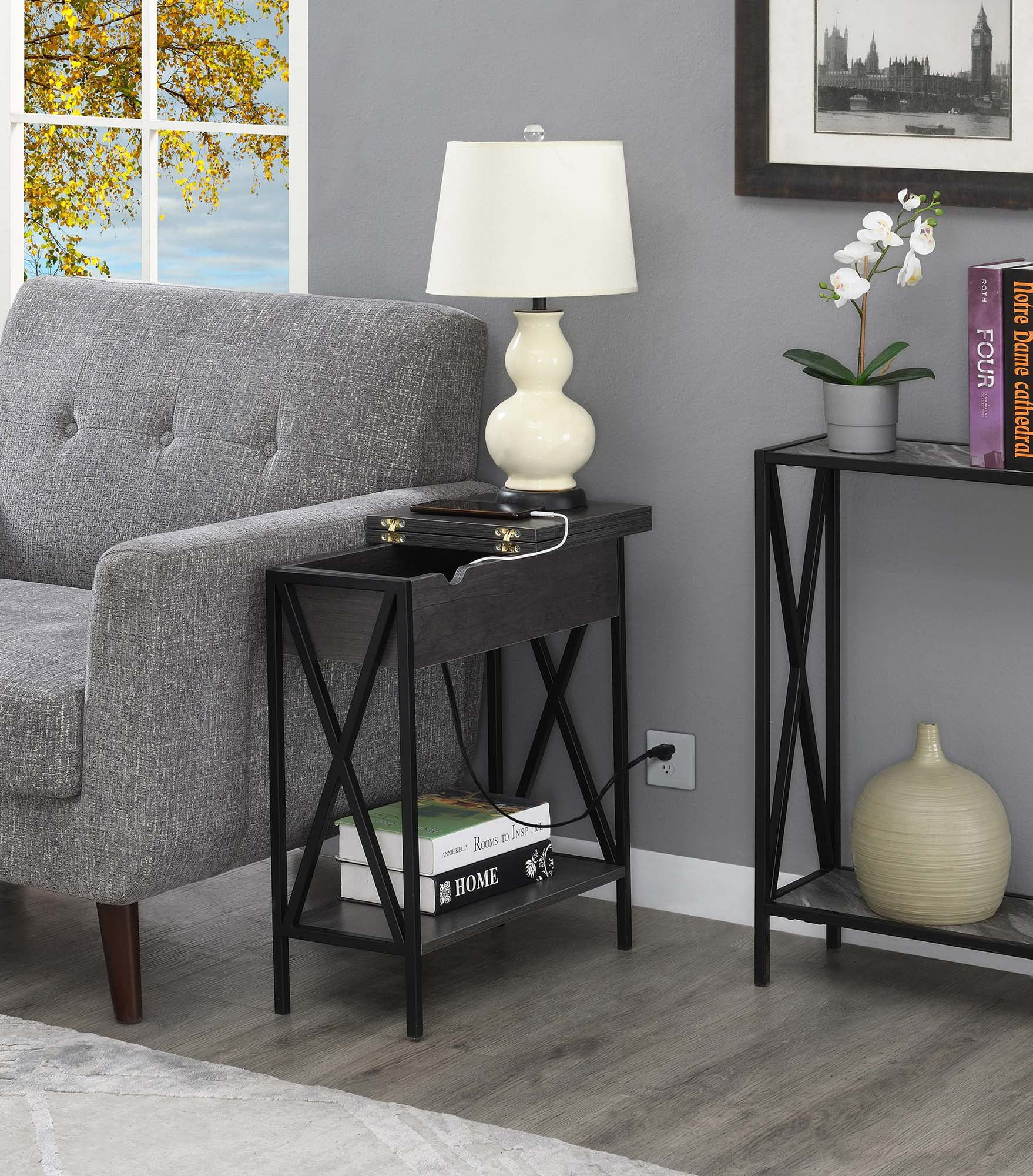 Convenience Concepts Tucson Flip Top End Table with Charging Station and Shelf, Charcoal Gray/Black