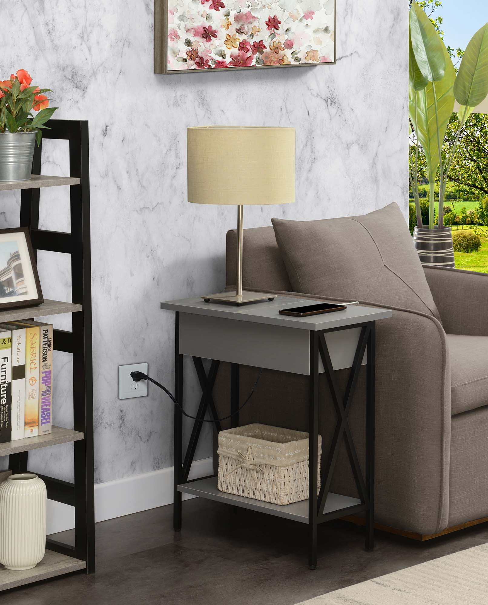 Convenience Concepts Tucson Flip Top End Table with Charging Station and Shelf, Multiple Finishes