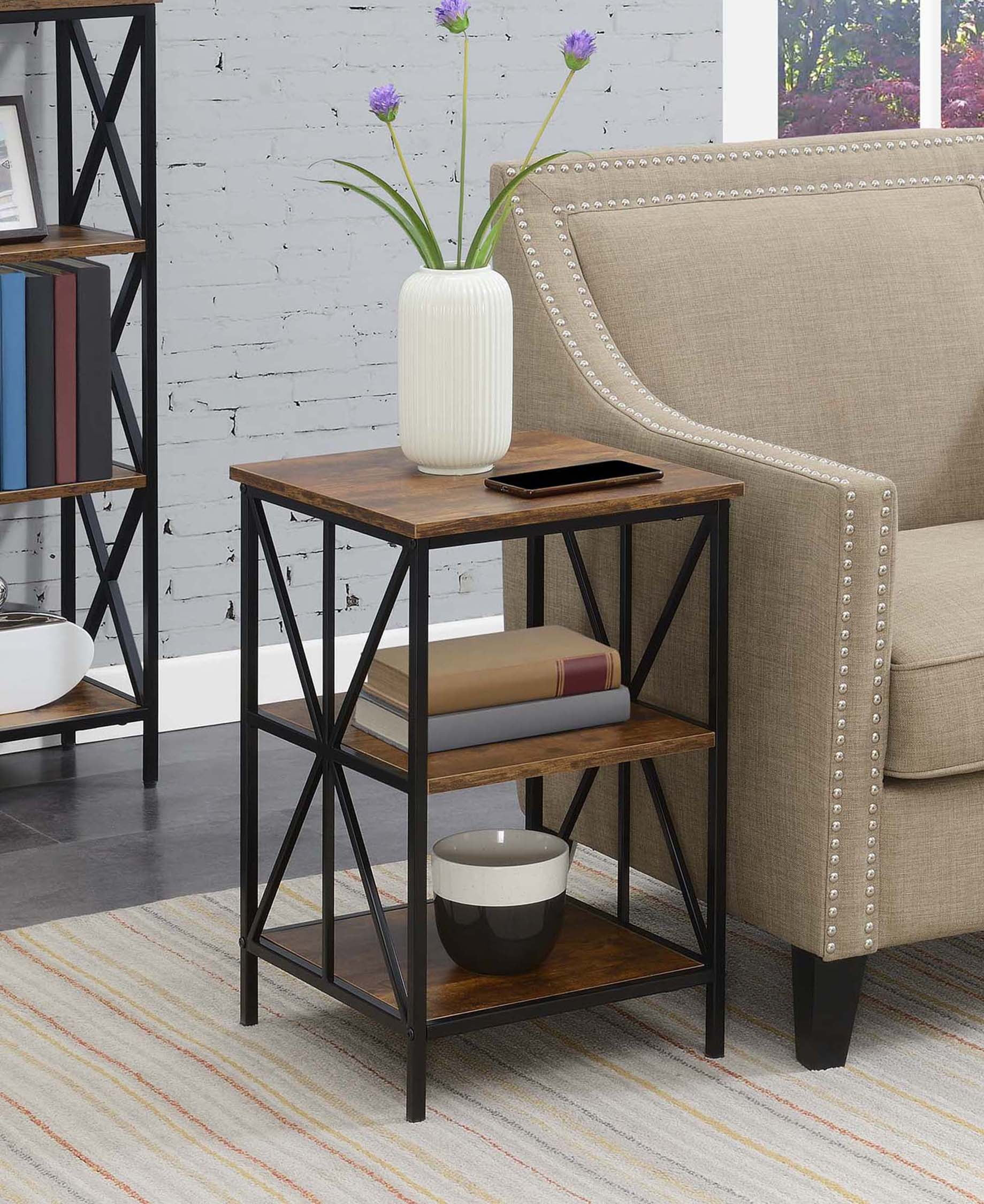 Convenience Concepts Tucson Starburst End Table with Shelves, Barnwood/Black