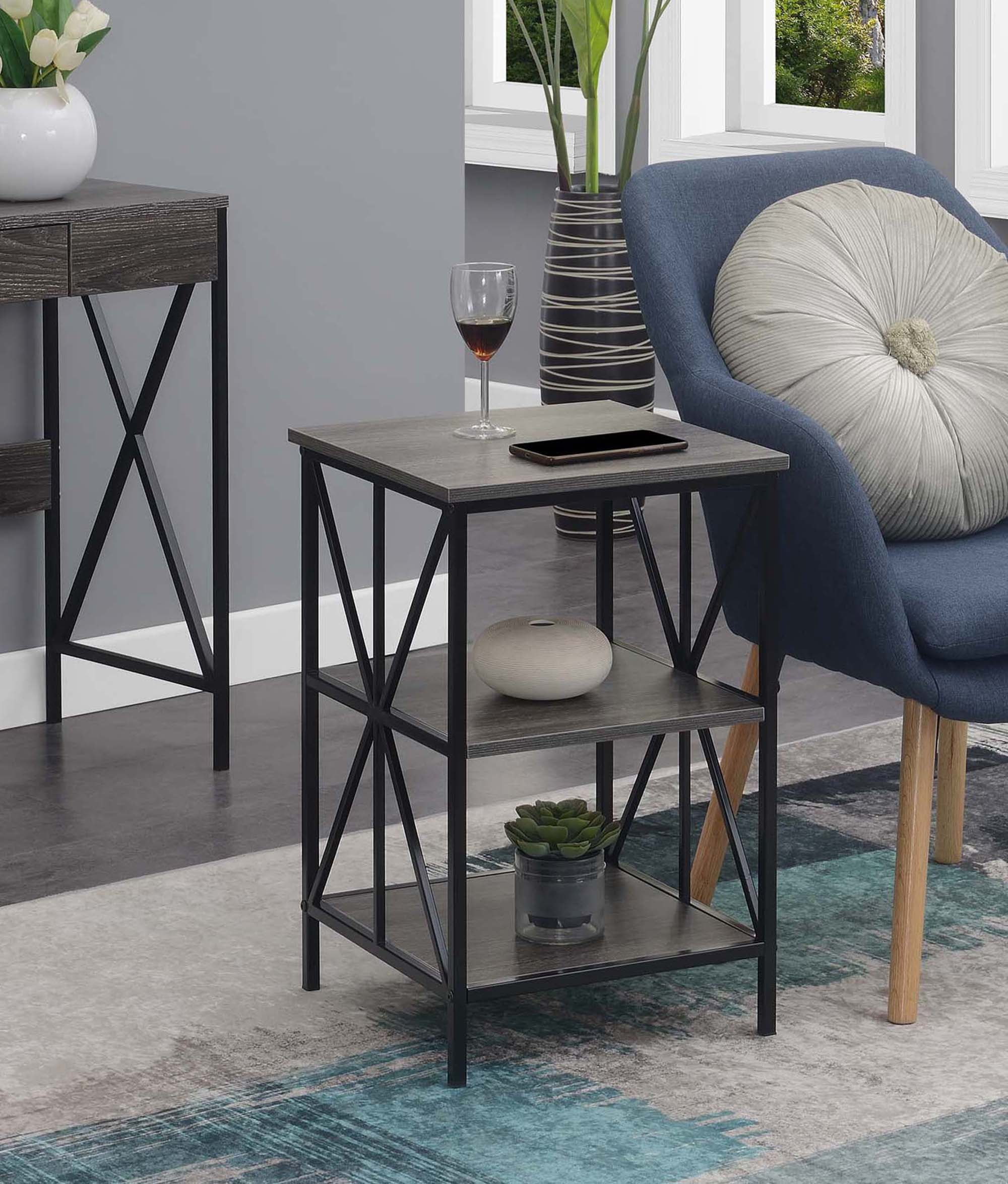 Convenience Concepts Tucson Starburst End Table with Shelves, Weathered Gray/Black