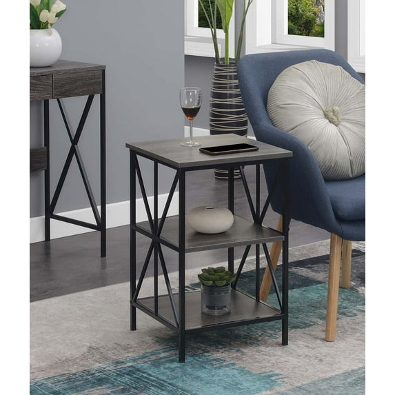 Convenience Concepts Tucson Starburst End Table with Shelves, Weathered Gray/Black