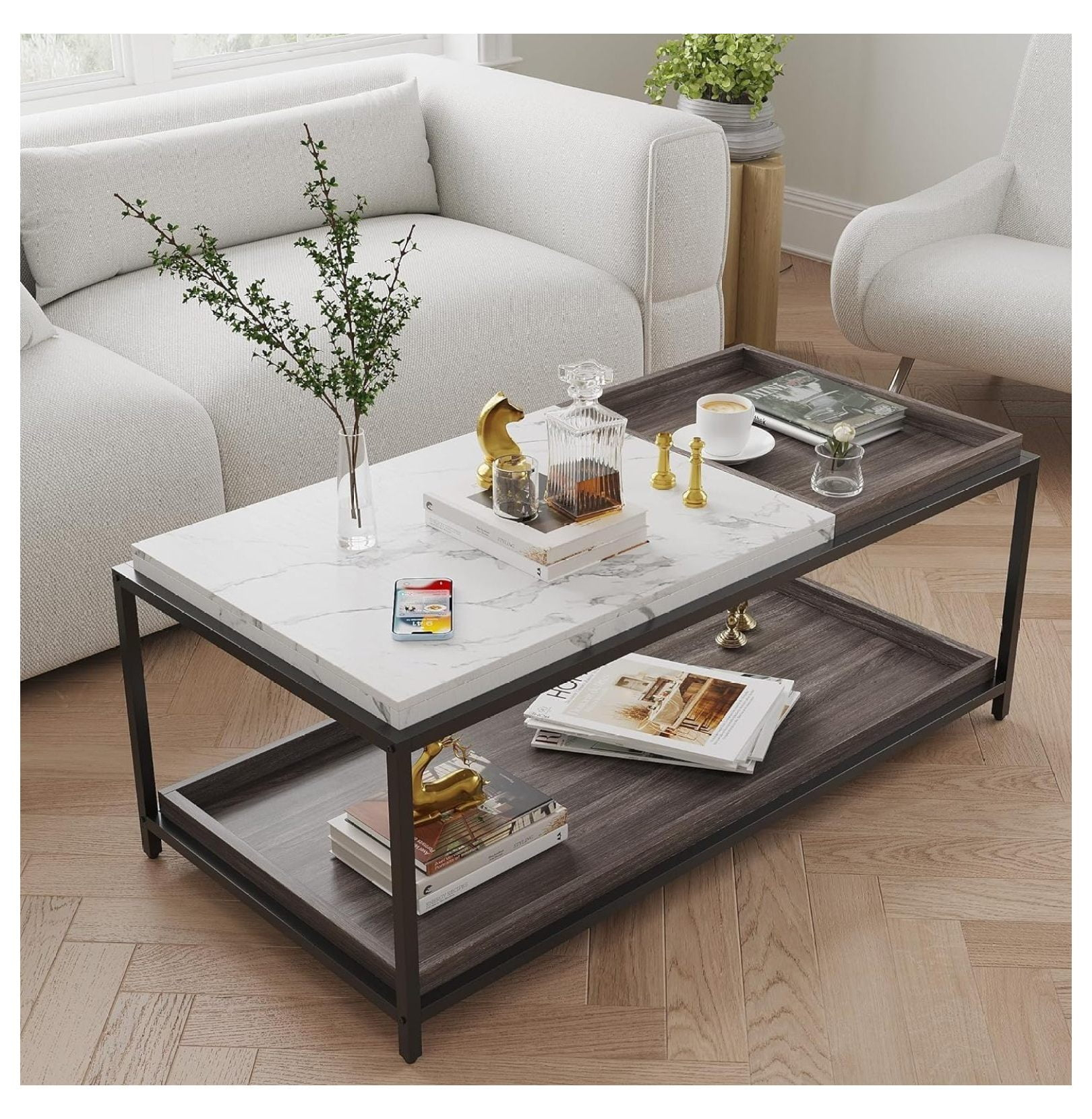 Convertible Entertaining Coffee Table - Faux Marble Coffee Table with 2 Removable Trays, 47 Living Room Table, Modern Coffee Table, Walnut Coffee Table