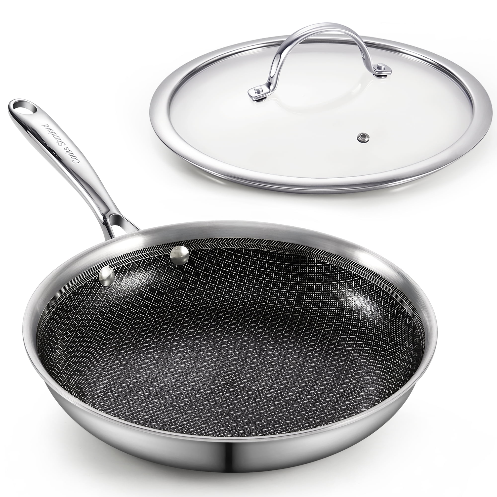 Cooks Standard Hybrid Nonstick Frying Pan, 12-Inch Skillet, Multi-Ply Clad Stainless Steel Fry Pan with Tempered Glass Lids, Oven Safe, Compatible with All Stovetops