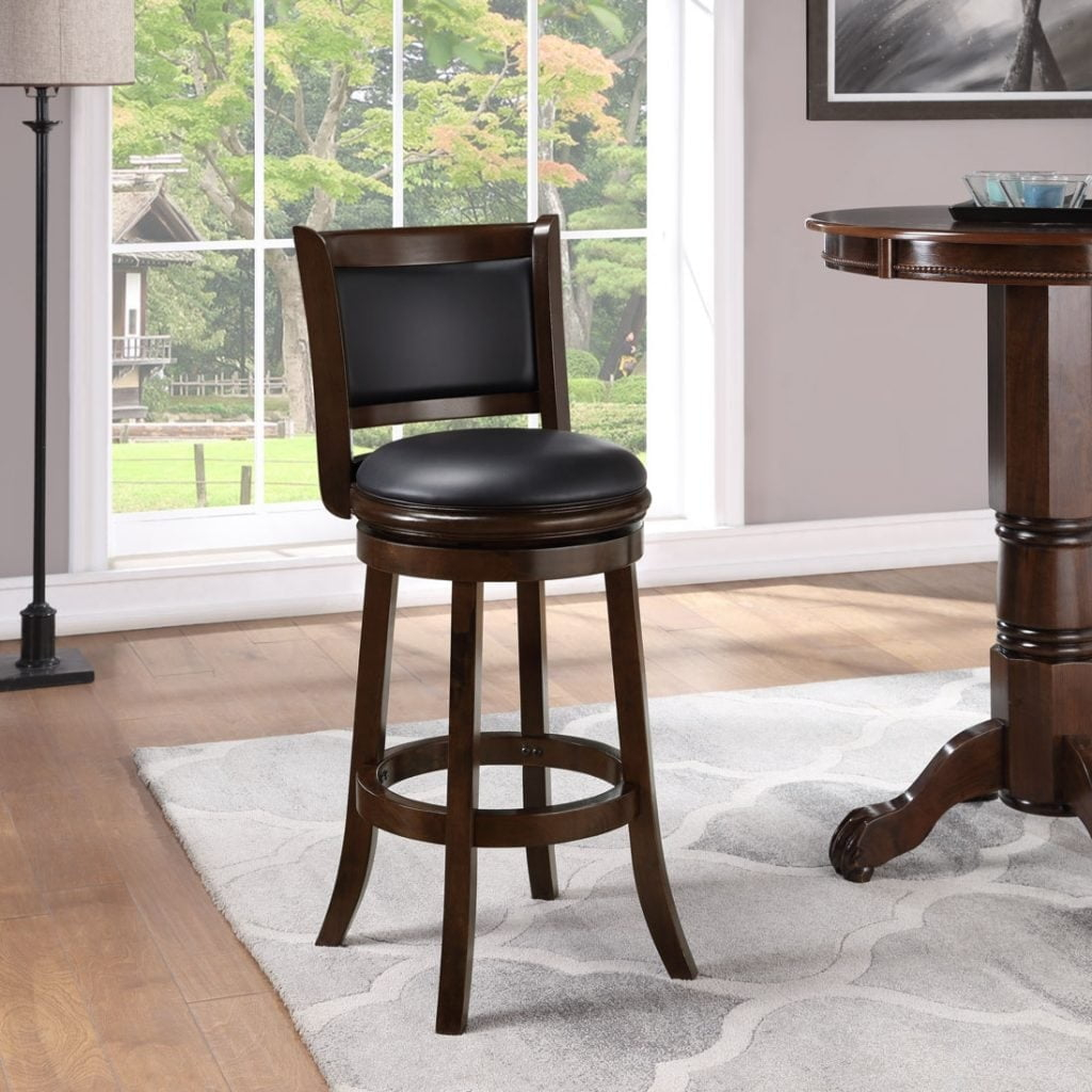 Copper Grove Augusta Wood Indoor Swivel Barstool Cappuccino Cappuccino Finish Wood Faux Leather, Wood Footrest, Padded Seat, Swivel Bar Height Modern