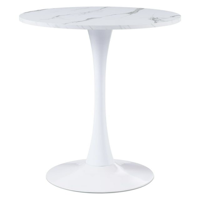 CorLiving Ivo Modern Round White Marbled Engineered Wood and Steel Pedestal Dining Table - Small Pedestal Dining Room Table for 3, Ideal Small Round Kitchen Table, Bistro Cafe Table