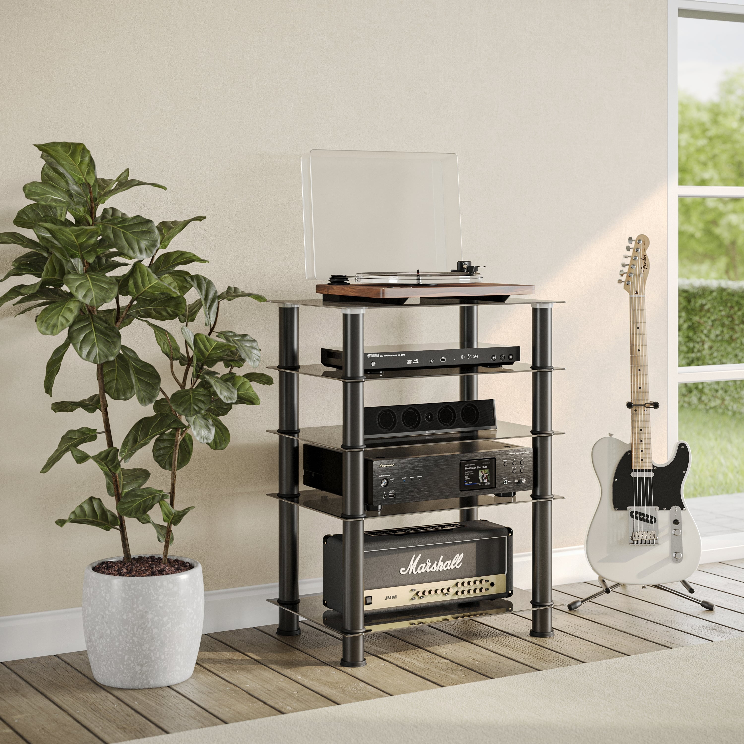 CorLiving Laurent Black Tempered Glass and Metal Customizable 5-Tier Media Component Stand