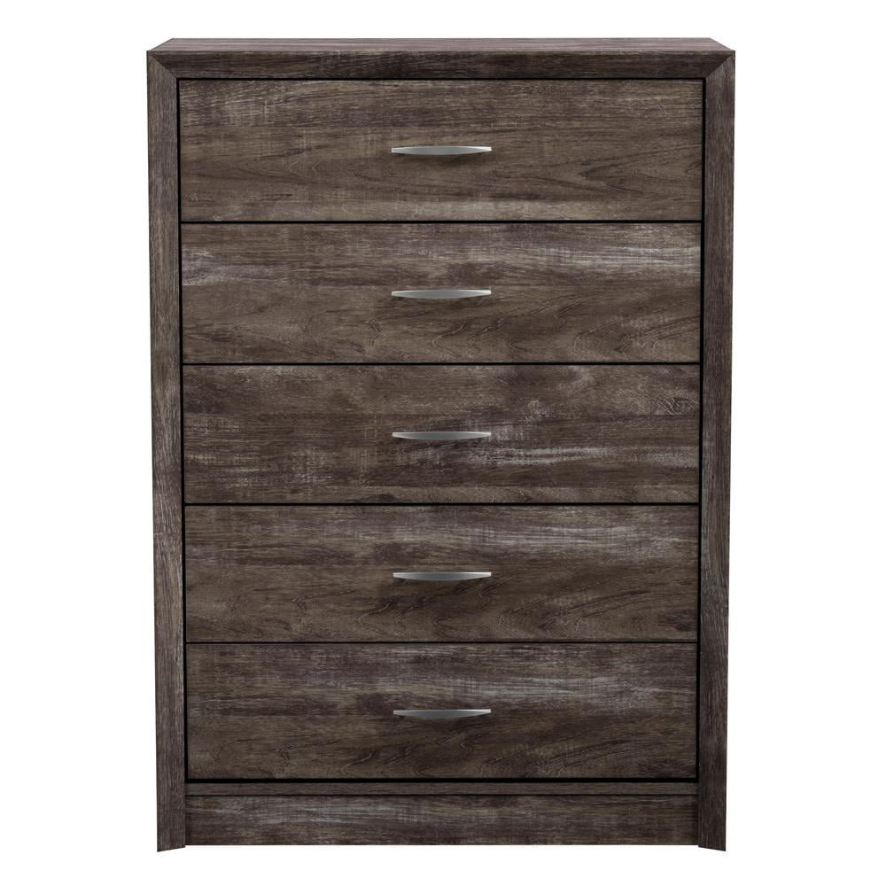 CorLiving Newport Mid Century Modern Brown-Washed Engineered Wood 5-Drawer Tall Dresser for Bedroom - Large, Tall Chest of Drawers - Perfect Bedroom Furniture and Dressers for Clothes Storage