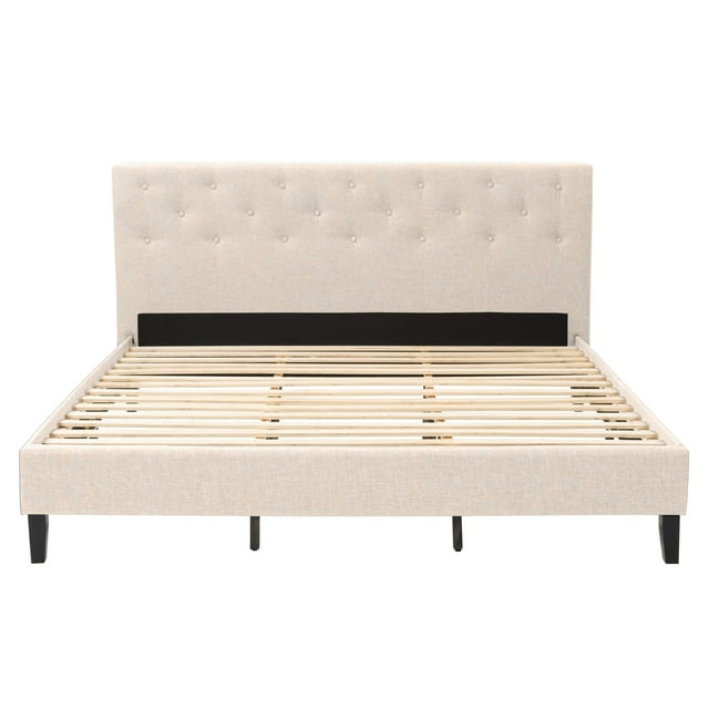 CorLiving Nova Ridge Luxurious Cream Upholstered King Size Platform Bed Frame with Headboard - Platform Design, No Boxspring Required, Perfect for King Bed, Headboard and Frame Combination.