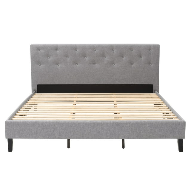 CorLiving Nova Ridge Luxurious Light Gray Upholstered King Size Platform Bed Frame with Headboard - Platform Design, No Boxspring Required, Perfect for King Bed, Headboard and Frame Combination.