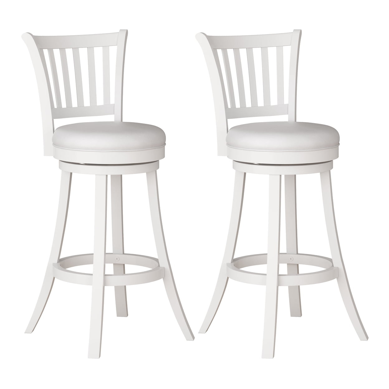 CorLiving Winston White Swivel Bar Stools Set of 2 with Faux Leather Seat and Vertical Slatted High Back- Bar Height Bar Stools with Back - Wood Barstools for Kitchen Island, or Bar Surfaces