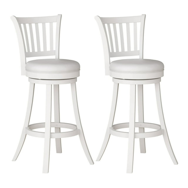 CorLiving Winston White Swivel Bar Stools Set of 2 with Faux Leather Seat and Vertical Slatted High Back- Bar Height Bar Stools with Back - Wood Barstools for Kitchen Island, or Bar Surfaces