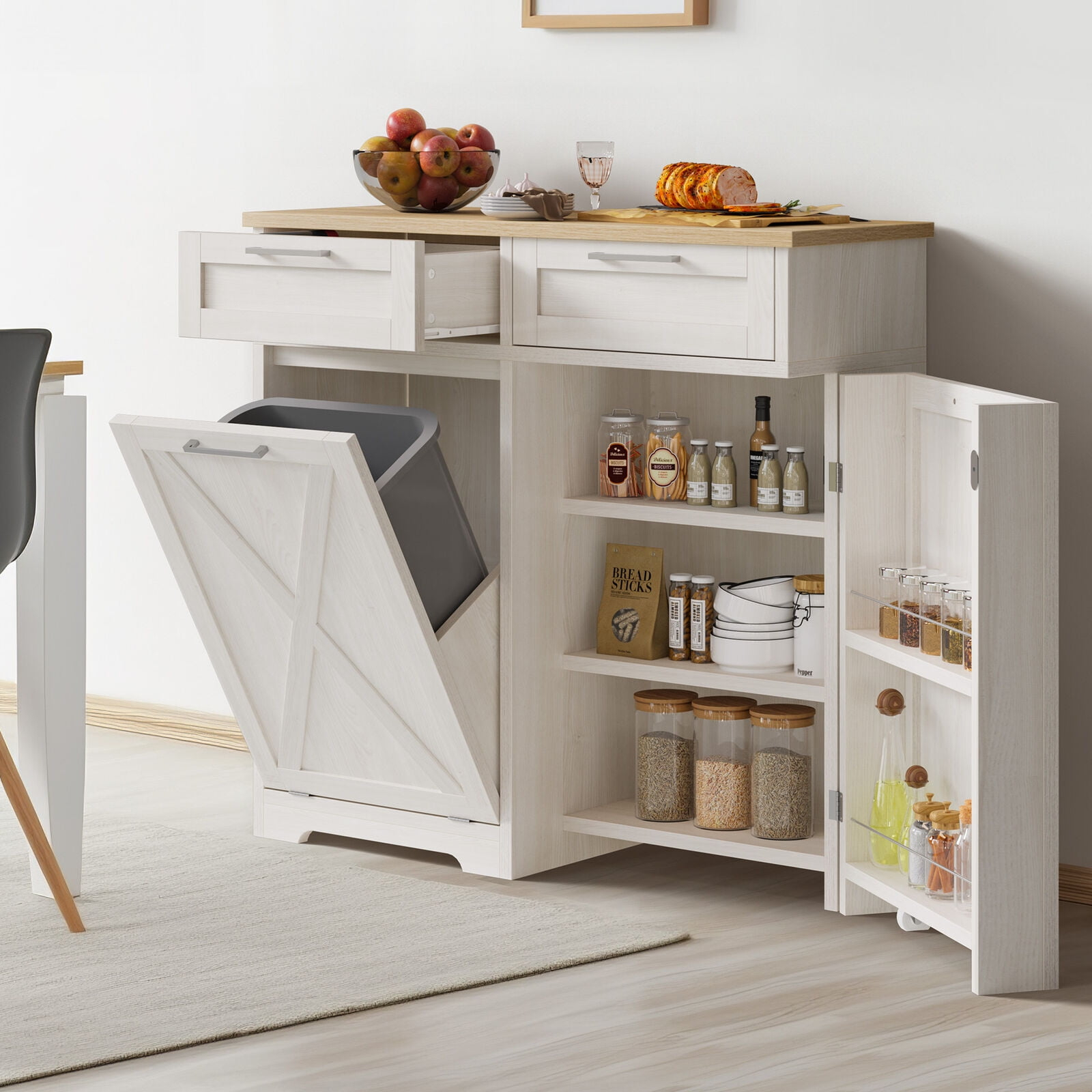 Coraluna Tilt Out Trash Can Cabinet for 10 Gallon Kitchen Island w/ Drawers Freestanding