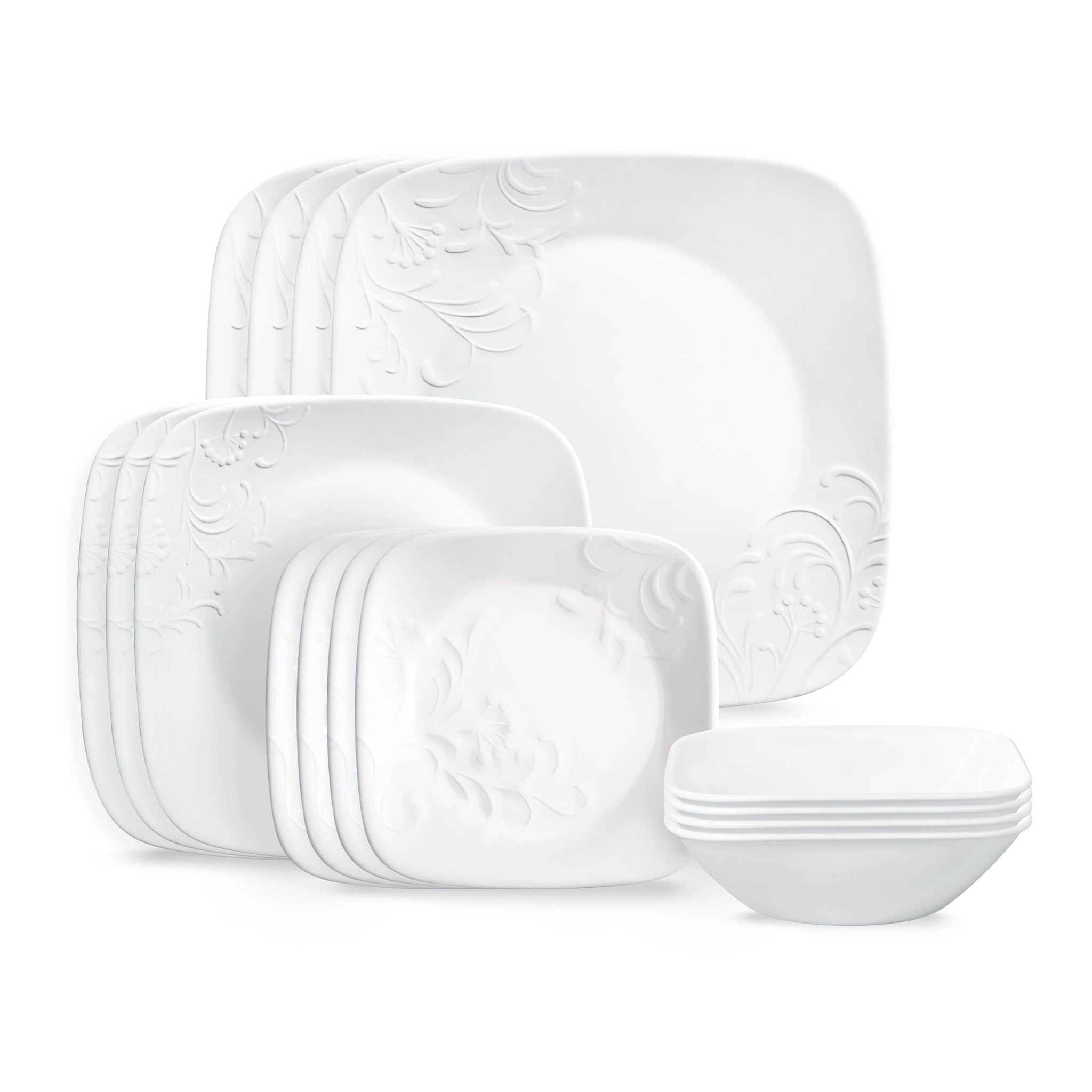 Corelle Cherish 16-Piece Embossed Square Glass Dinnerware Set (Service for 4)
