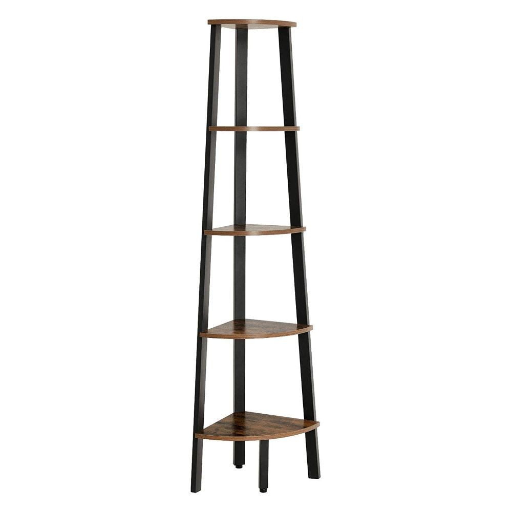 63 Inch Corner Bookcase 5 Tier Shelves, Ladder Storage, Rustic Brown, Black - Saltoro Sherpi