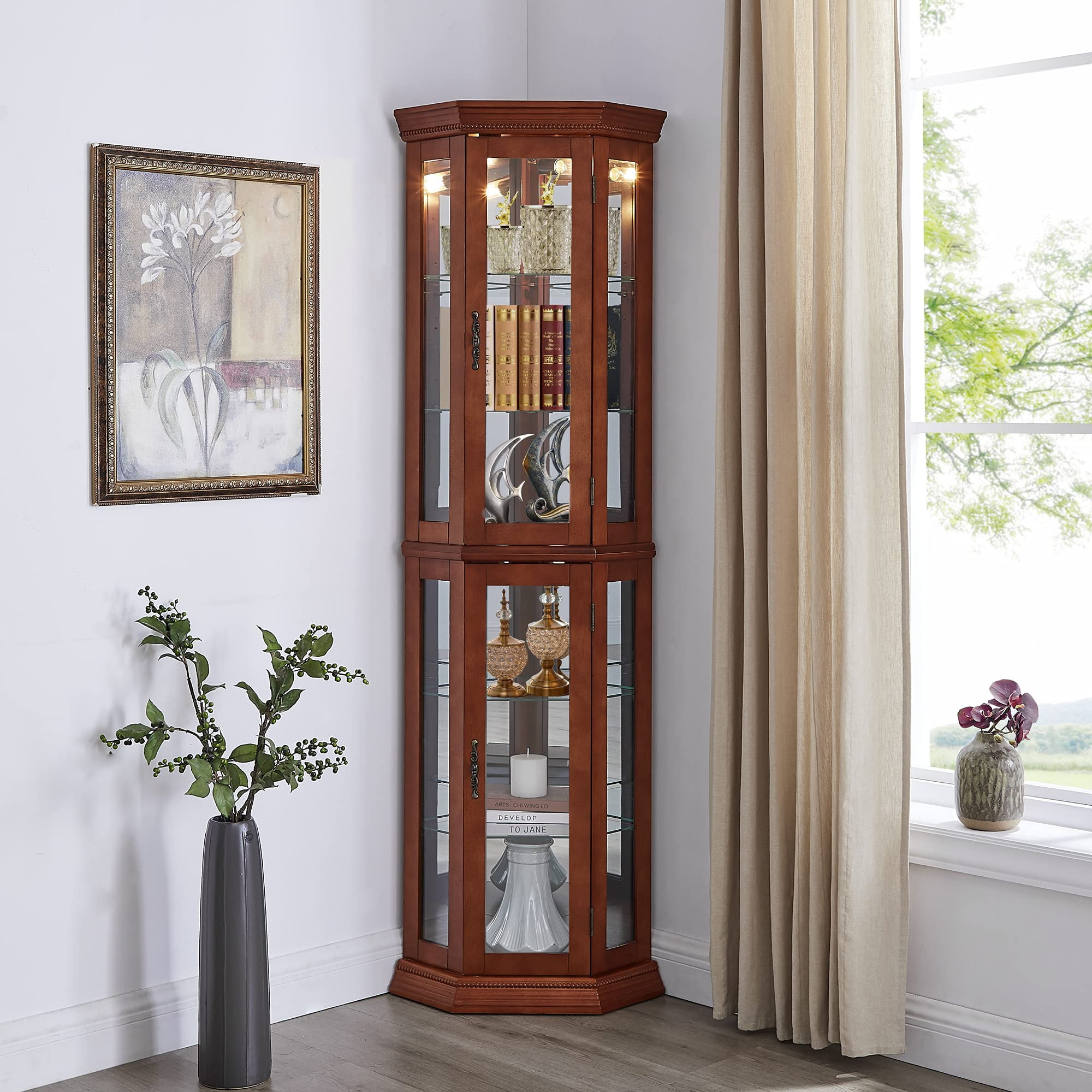 Walnut Lighted Corner Curio Cabinet with Glass Shelves