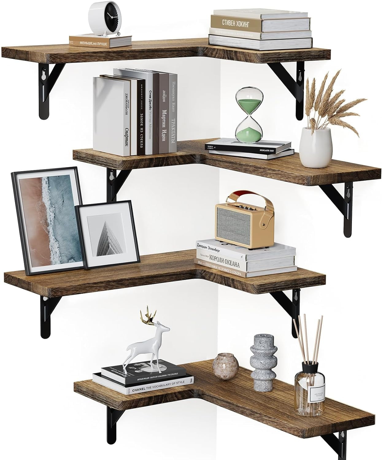 Corner Floating Shelves, Set of 4 Corner Wall Shelves, Shelves for Wall Decor, Corner Wood Shelves for Home Decor, Office, Bedroom, Bathroom, Laundry Room, Kitchen, Black