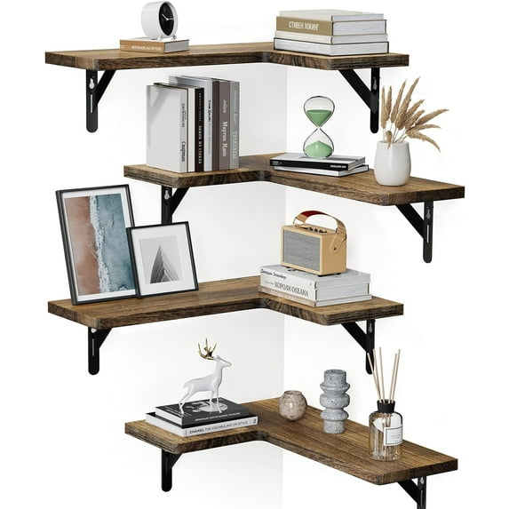 Corner Floating Shelves, Set of 4 Corner Wall Shelves, Shelves for Wall Decor, Corner Wood Shelves for Home Decor, Office, Bedroom, Bathroom, Laundry Room, Kitchen, Black