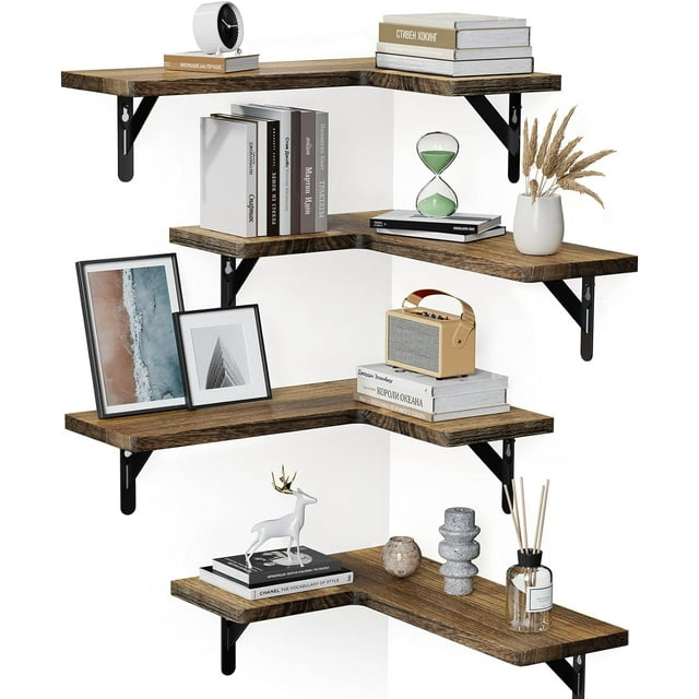 Corner Floating Shelves, Set of 4 Corner Wall Shelves, Shelves for Wall Decor, Corner Wood Shelves for Home Decor, Office, Bedroom, Bathroom, Laundry Room, Kitchen, Black