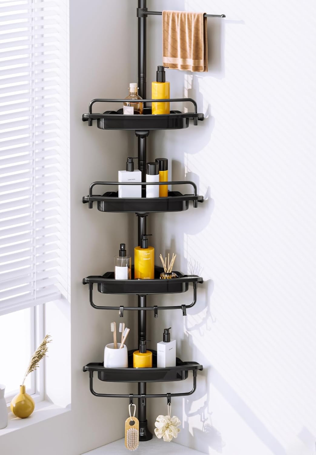 Corner Shower Caddy Tension Pole: Adjustable Stainless Steel Shower Organizer with 4 Tier Shelf for Bathroom Bathtub Tub Shampoo -Floor Standing Rack Bath Storage Holder with Rust Proof Rods - Black