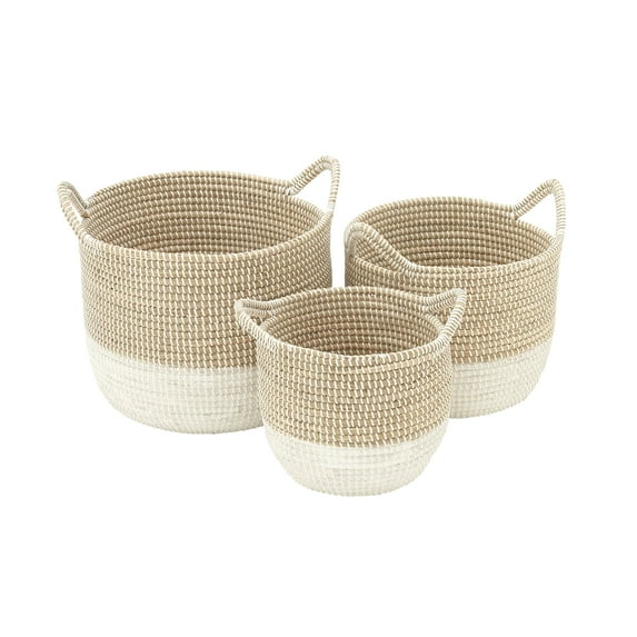 CosmoLiving by Cosmopolitan 13", 16", 18"W Brown Seagrass Handmade Two Toned Storage Basket with Handles, 3-Pieces