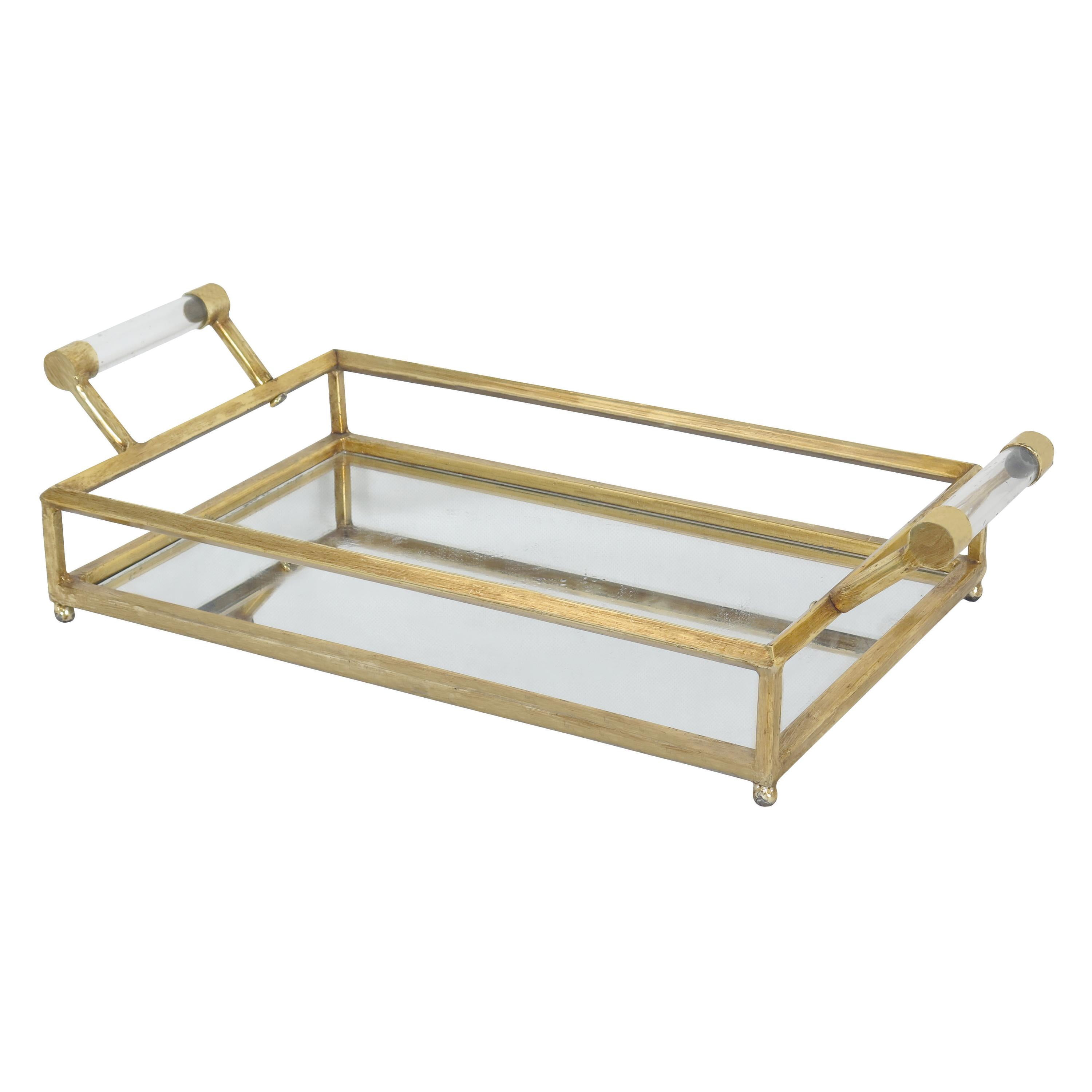 CosmoLiving by Cosmopolitan 22" x 12" Gold Metal Mirrored Tray with Acrylic Handles, 1-Piece