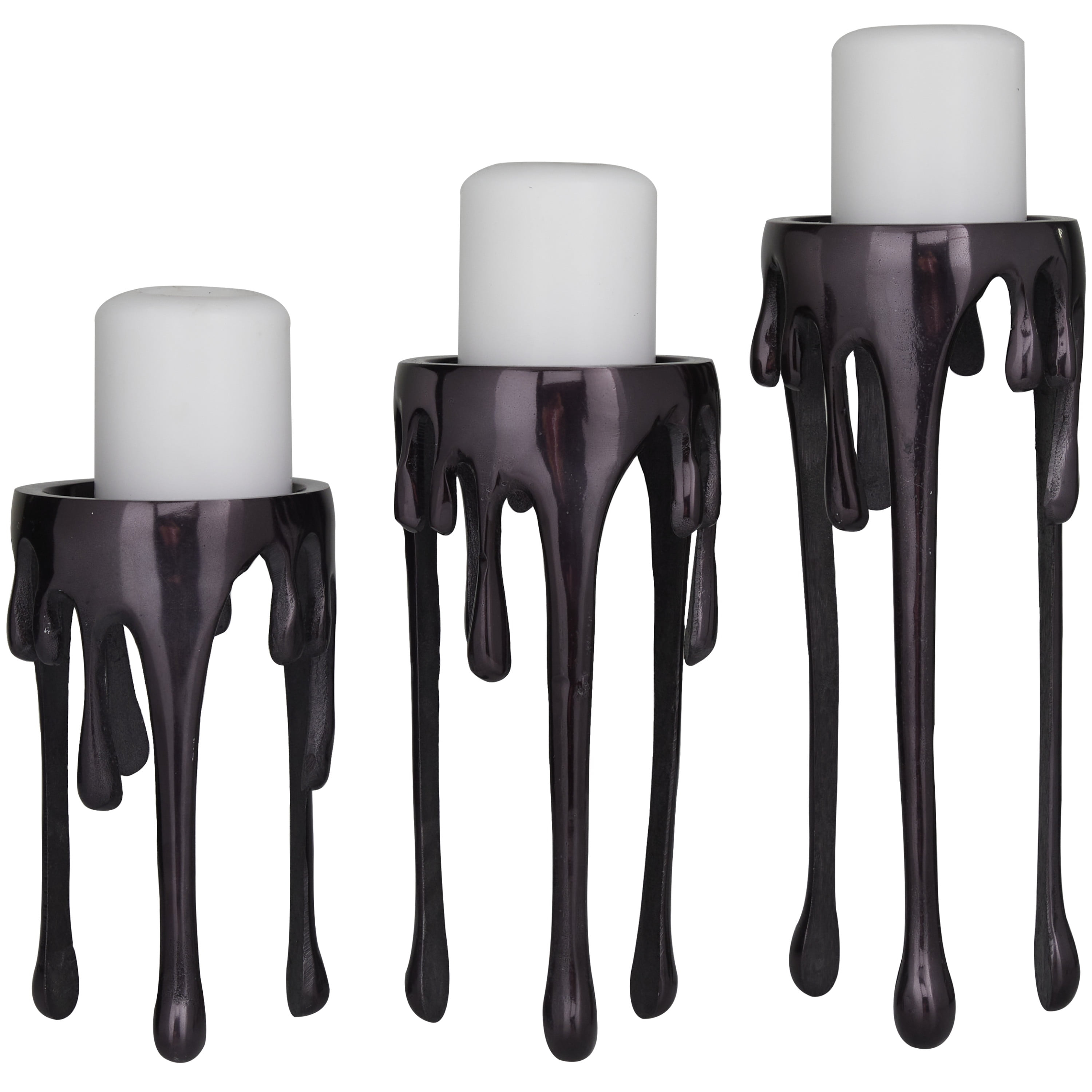 CosmoLiving by Cosmopolitan Contemporary Aluminum 3D Melting Candle Design Candle Holder, Set of 3 12" 10" 8" with Glossy Metallic Black Finish