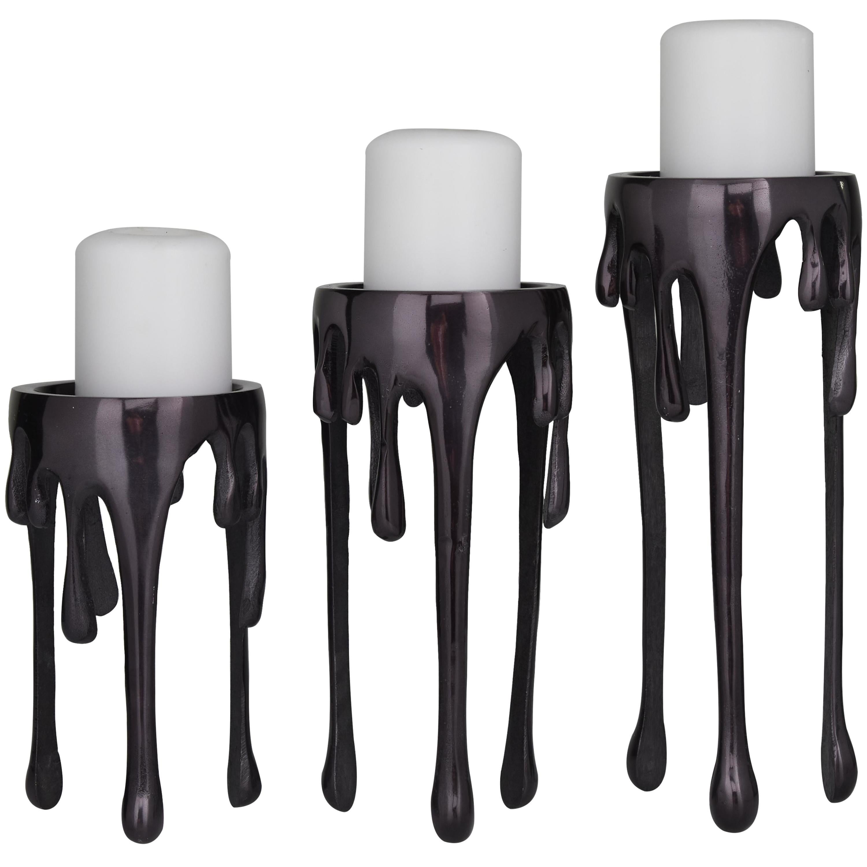 CosmoLiving by Cosmopolitan Contemporary Aluminum 3D Melting Candle Design Candle Holder, Set of 3 12" 10" 8" with Glossy Metallic Black Finish