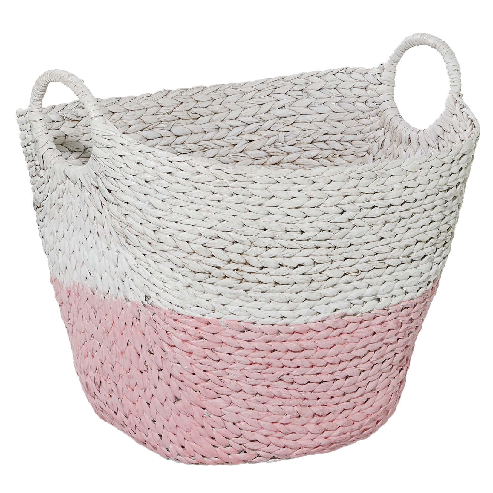 Cosmoliving by Cosmpolitan Seagrass Contemporary Woven Storage Basket 21"W x 19"H, with Daisy White Finish and Half Dipped Pink Accent