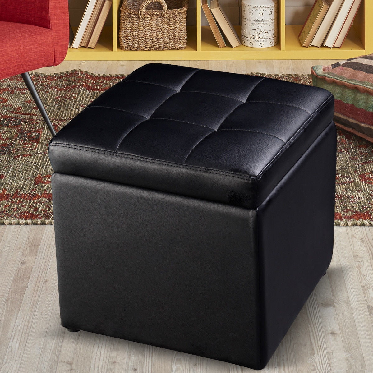 Costway 16''Cube Ottoman Pouffe Storage Box Lounge Seat Footstools with Hinge Top Black