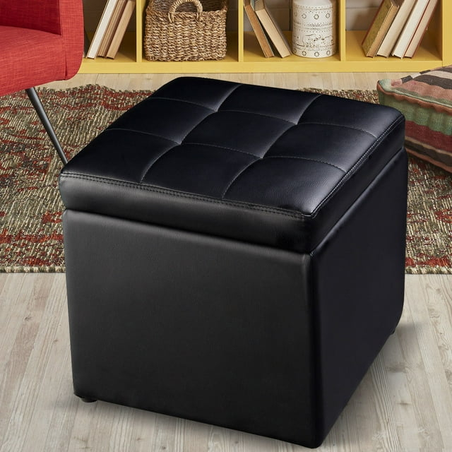 Costway 16''Cube Ottoman Pouffe Storage Box Lounge Seat Footstools with Hinge Top Black
