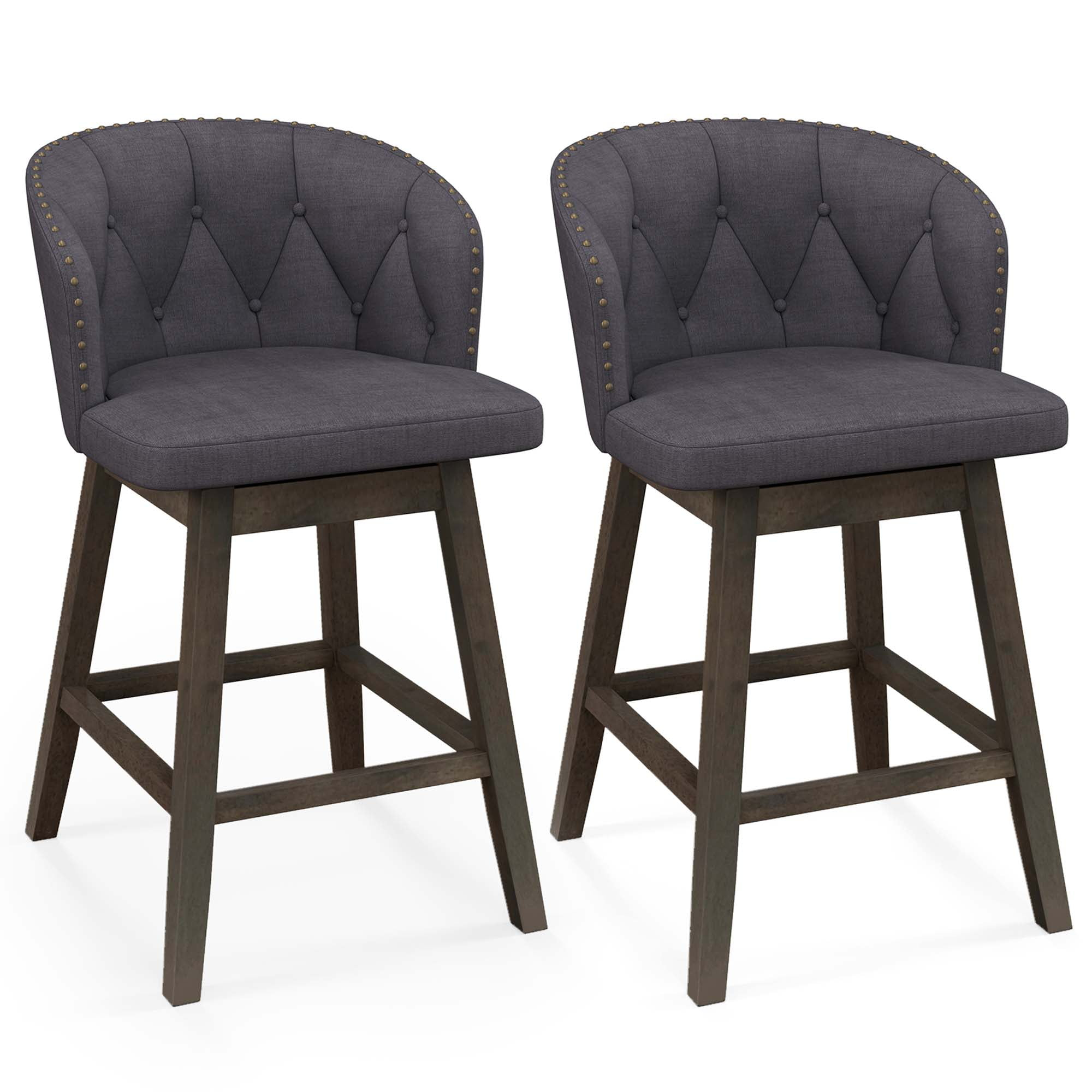 Gray Tufted Swivel Bar Stools with Rubber Wood Legs