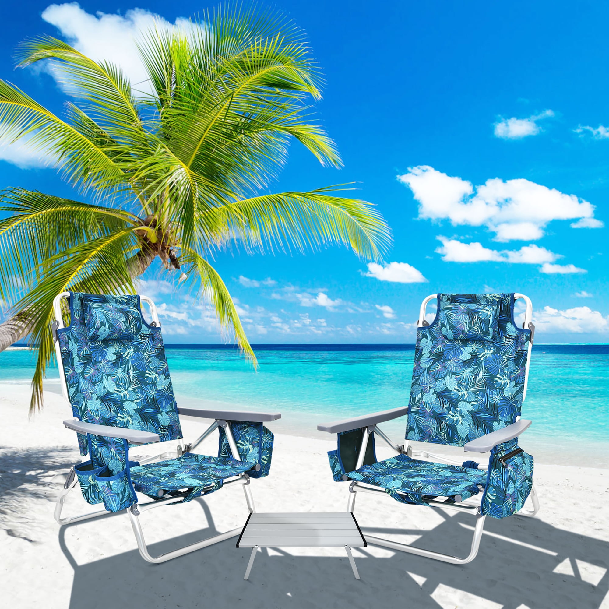 Costway 2-Pack Folding Backpack Beach Chair Table Set 5-Position Outdoor Reclining Chair Pattern