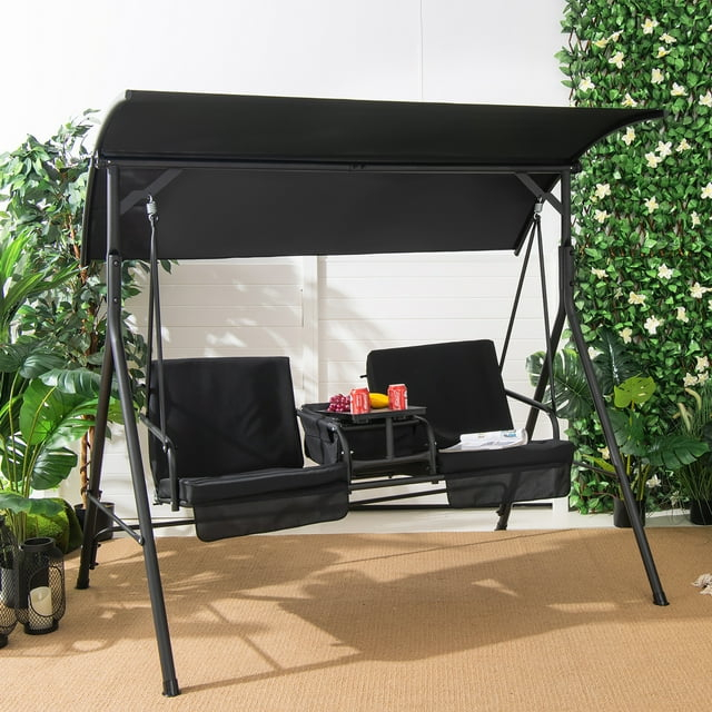 Costway 2-Person Canopy Porch Swing Padded Chair Cooler Bag Rotatable Tray Black