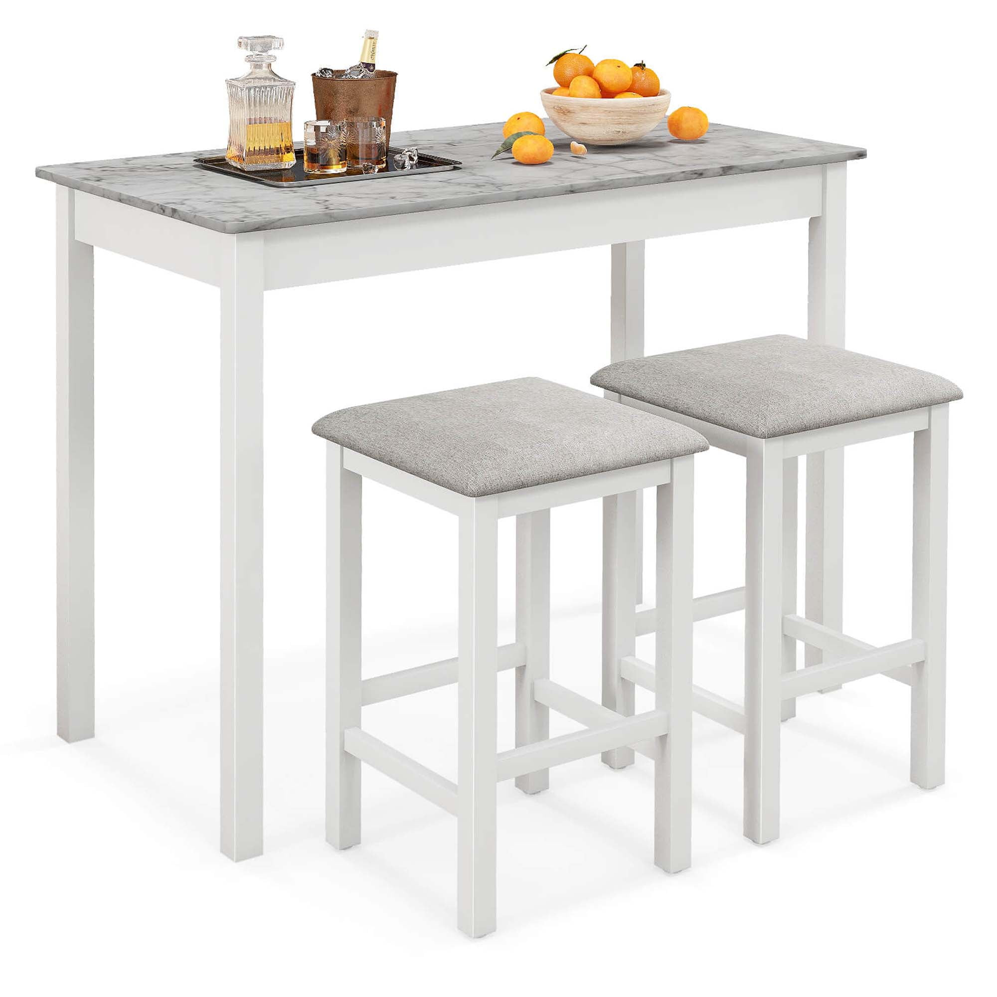 Costway 3 PCS Bar Table Set Dining Table & 2 Linen Fabric Padded Bar Stools Faux Marble White