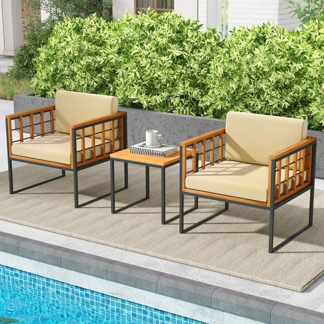 Resenkos 3 Pieces Patio Chair Set, Acacia Wood Outdoor Sofa Set, Small Patio Conversation Furniture Set with Soft Cushions-Beige