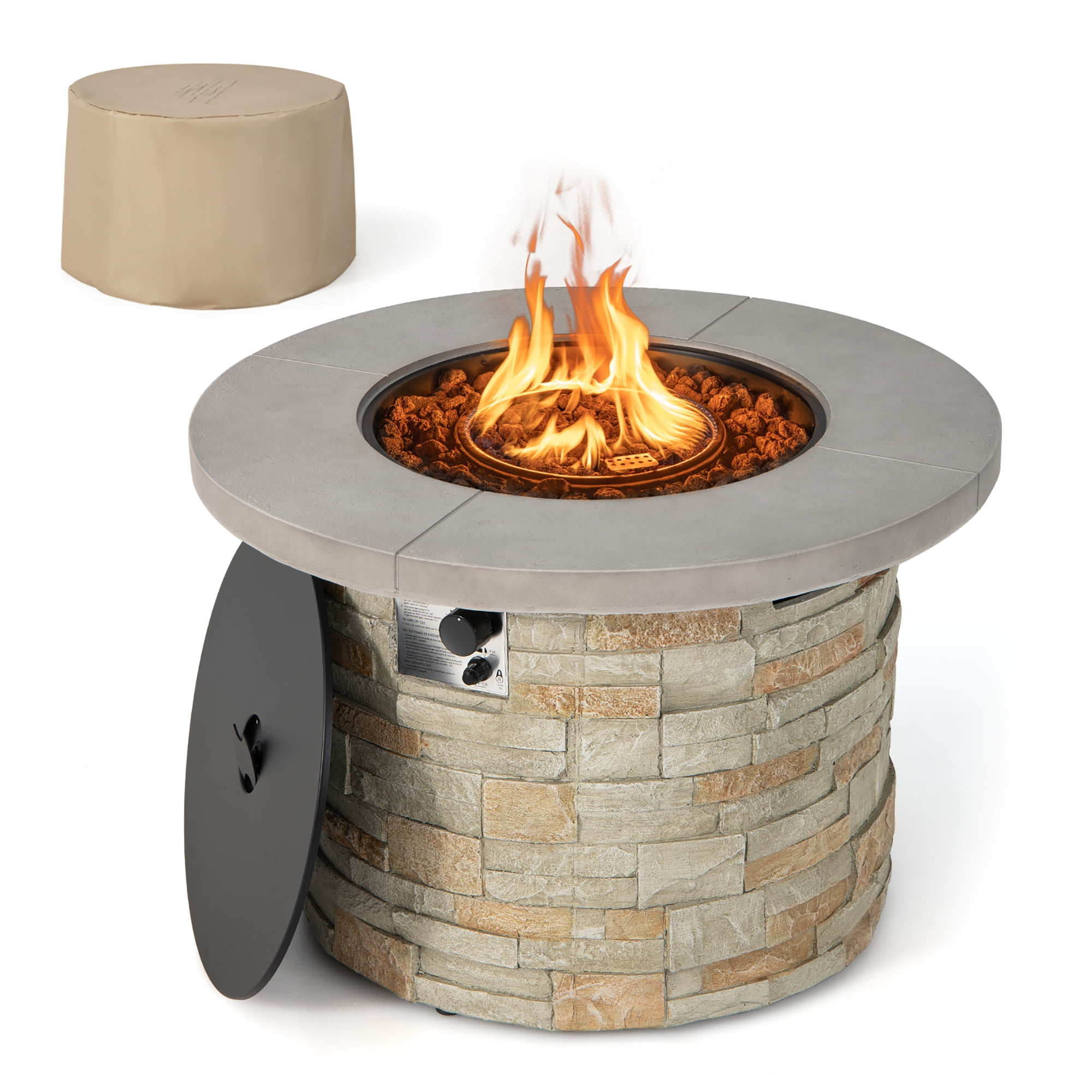 Costway 36'' Round Propane Gas Fire Pit Table Faux Stone w/ Lava Rock PVC cover