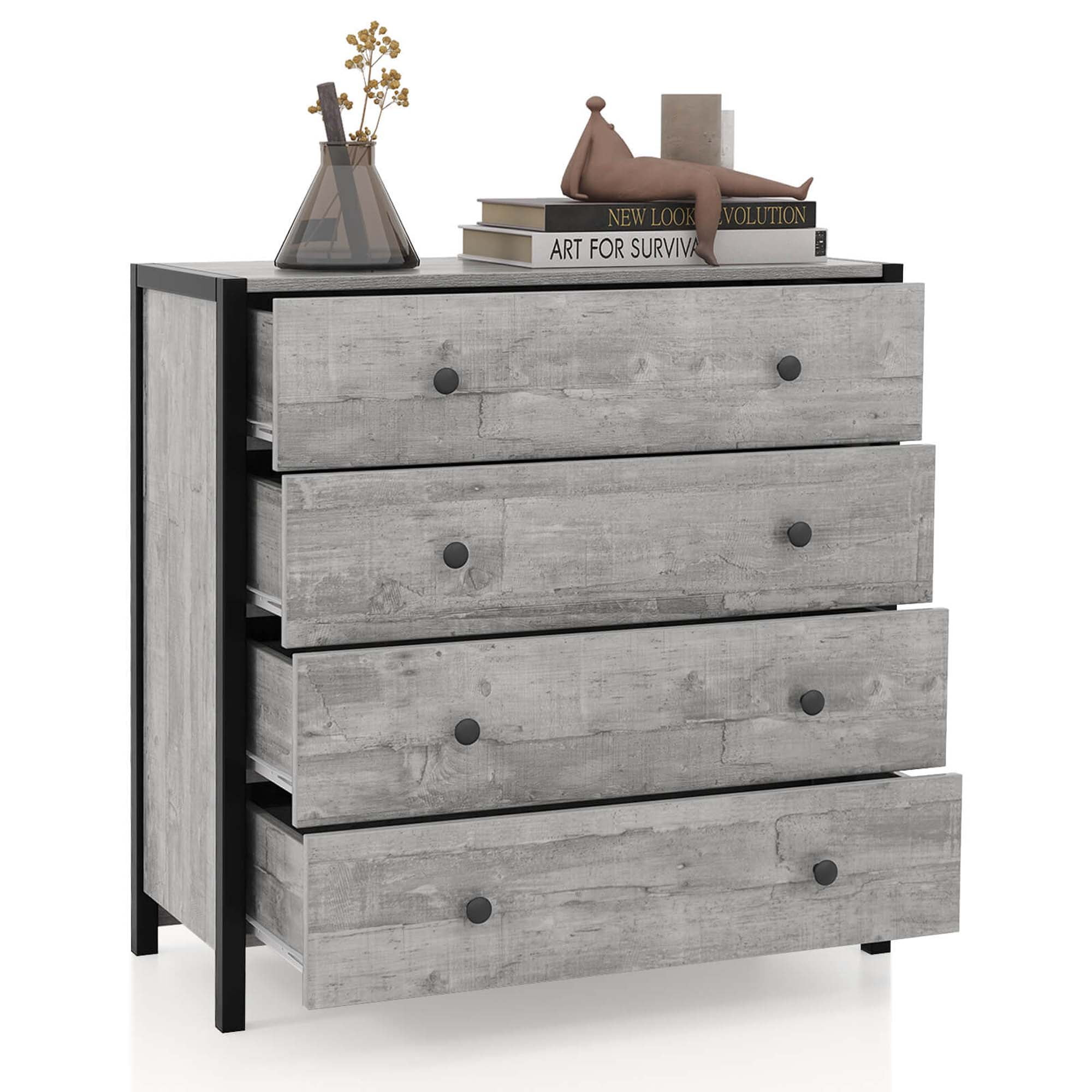 Costway 4-Drawer Dresser Modern Chest of Drawers Wooden Storage Dresser Grey