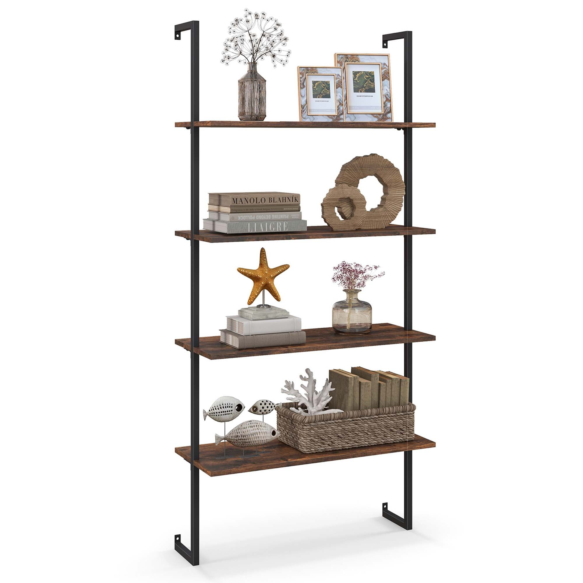 Costway 4-Tier Ladder Storage Shelves, Rustic Brown