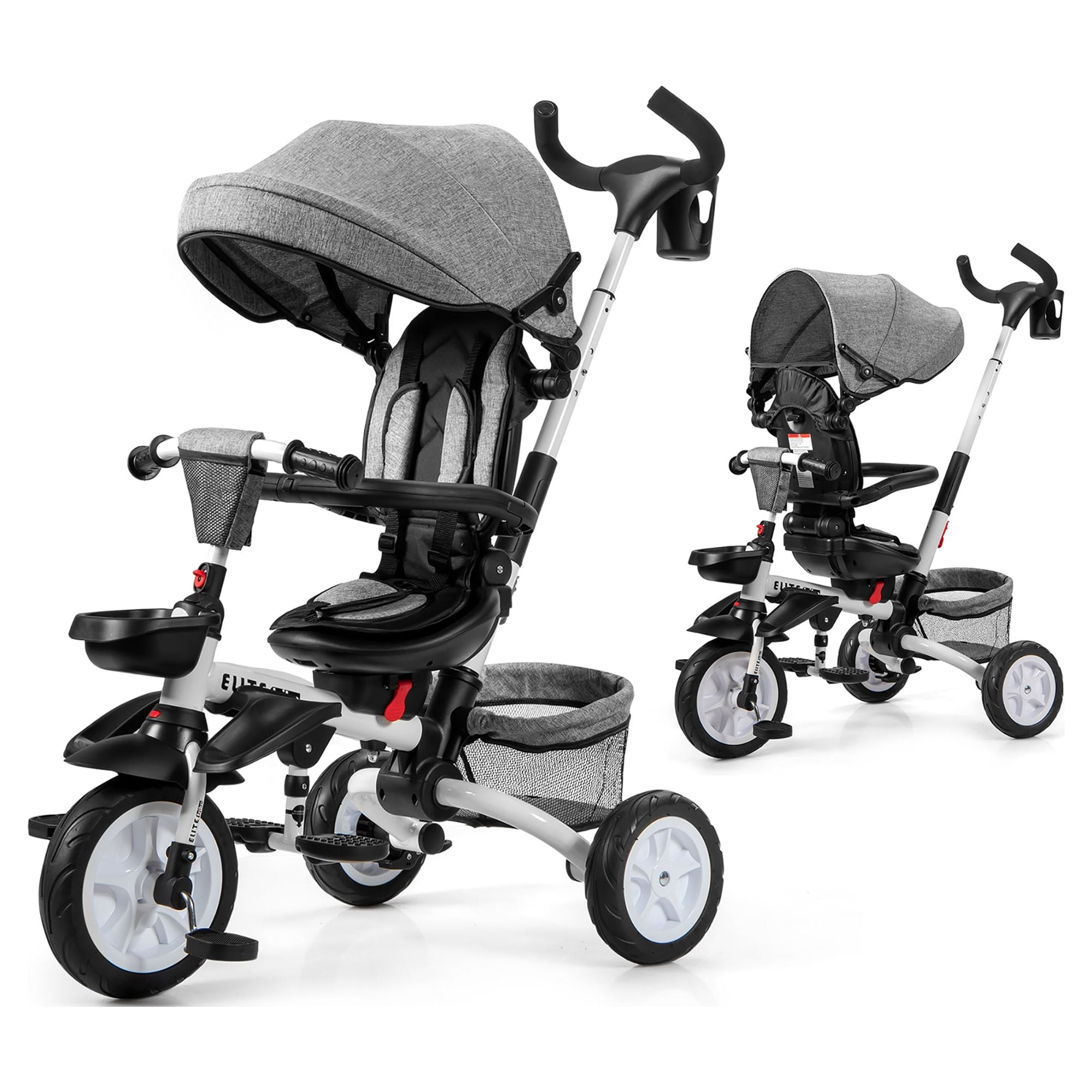 Costway 6-In-1 Kids Baby Stroller Tricycle Detachable Learning Toy Bike w/ Canopy Gray