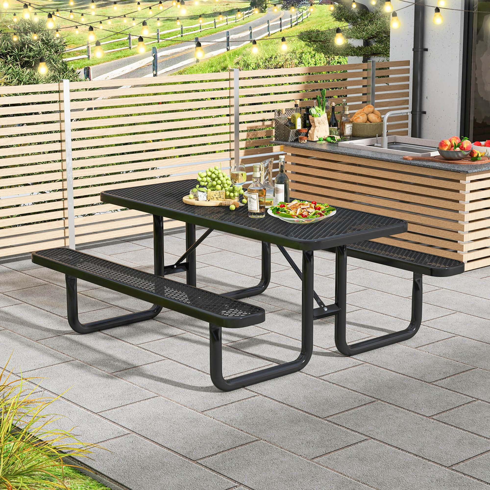 Costway 72" Coated Steel Camping Table with Seats Outdoor Picnic Table & Bench Set for 8 Black