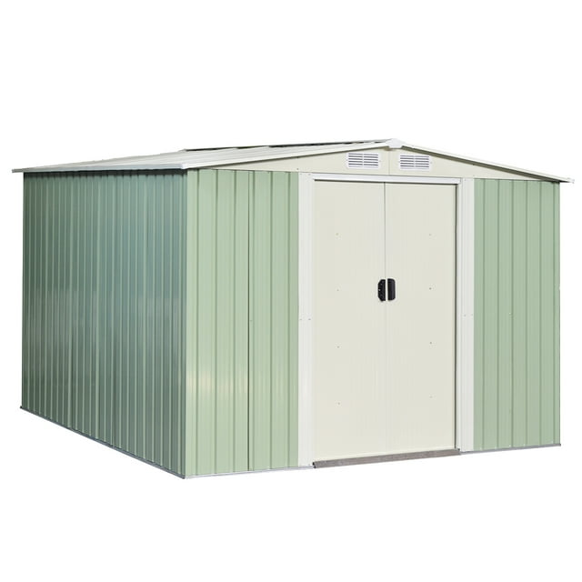 Costway 8.5x8.5FT Outdoor Garden Storage Shed Tool House Sliding Door Galvanized Steel Green