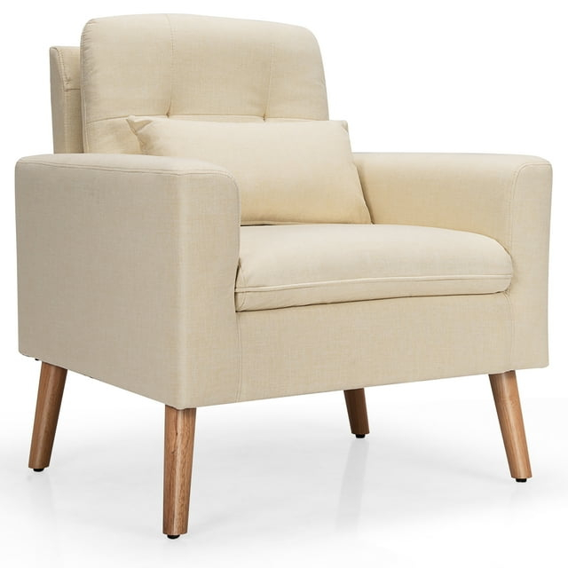 Costway  Accent Chair Upholstered Linen Armchair Sofa Chair w/Waist Pillow Beige