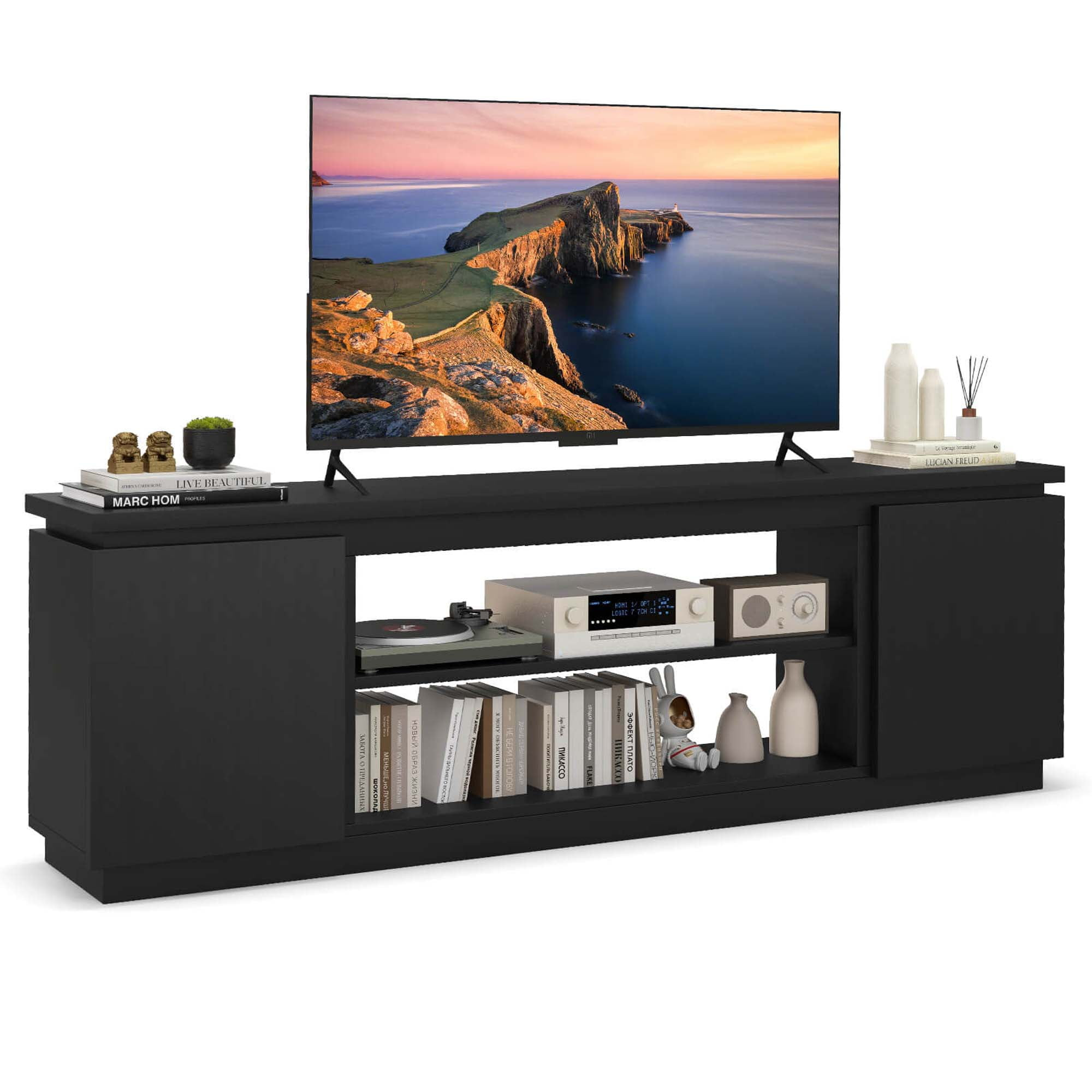 Costway Fireplace TV Stand for TVs up to 80" with Electric Fireplace 3 Adjustable Shelves Black