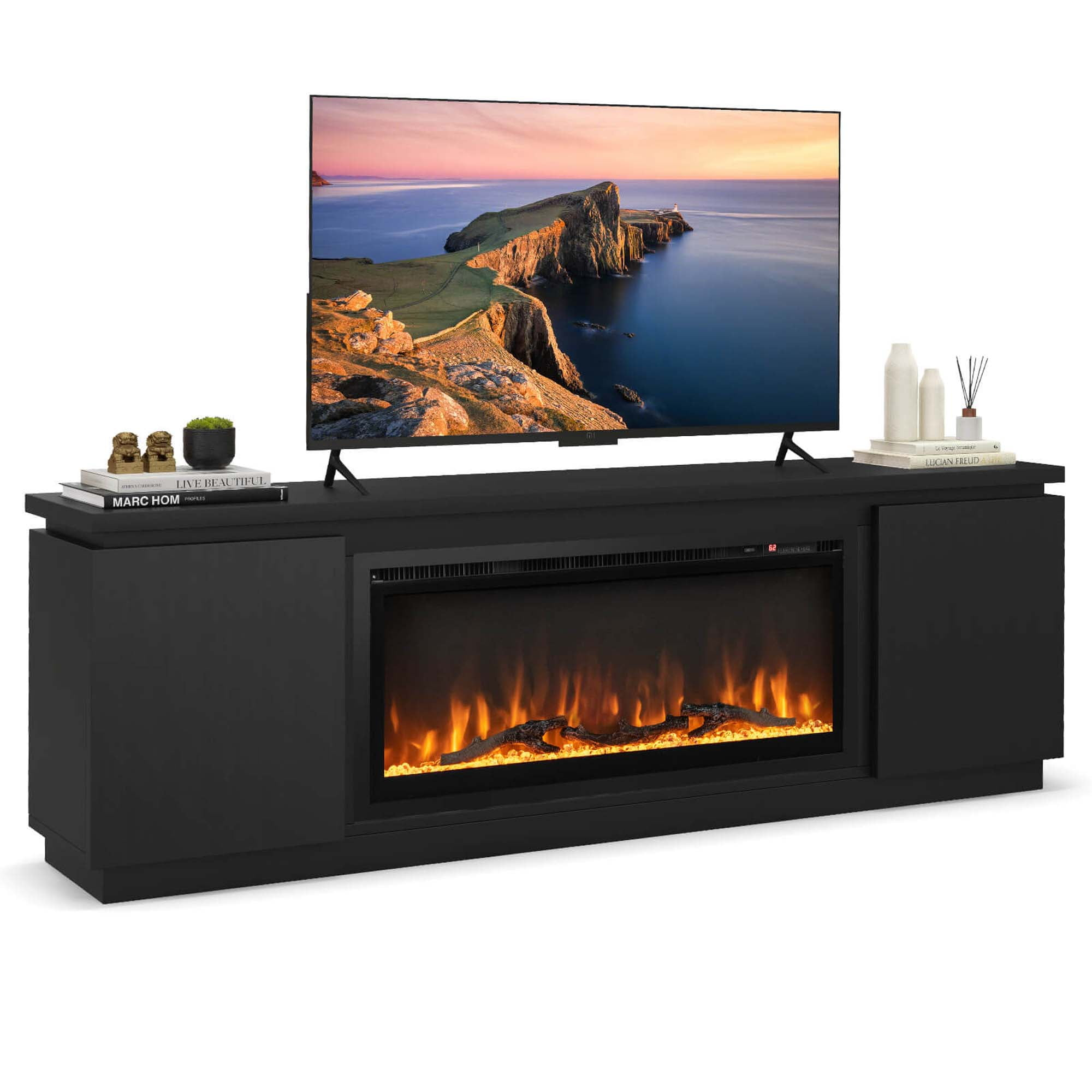 Costway Fireplace TV Stand for TVs up to 80" with Electric Fireplace 3 Adjustable Shelves White