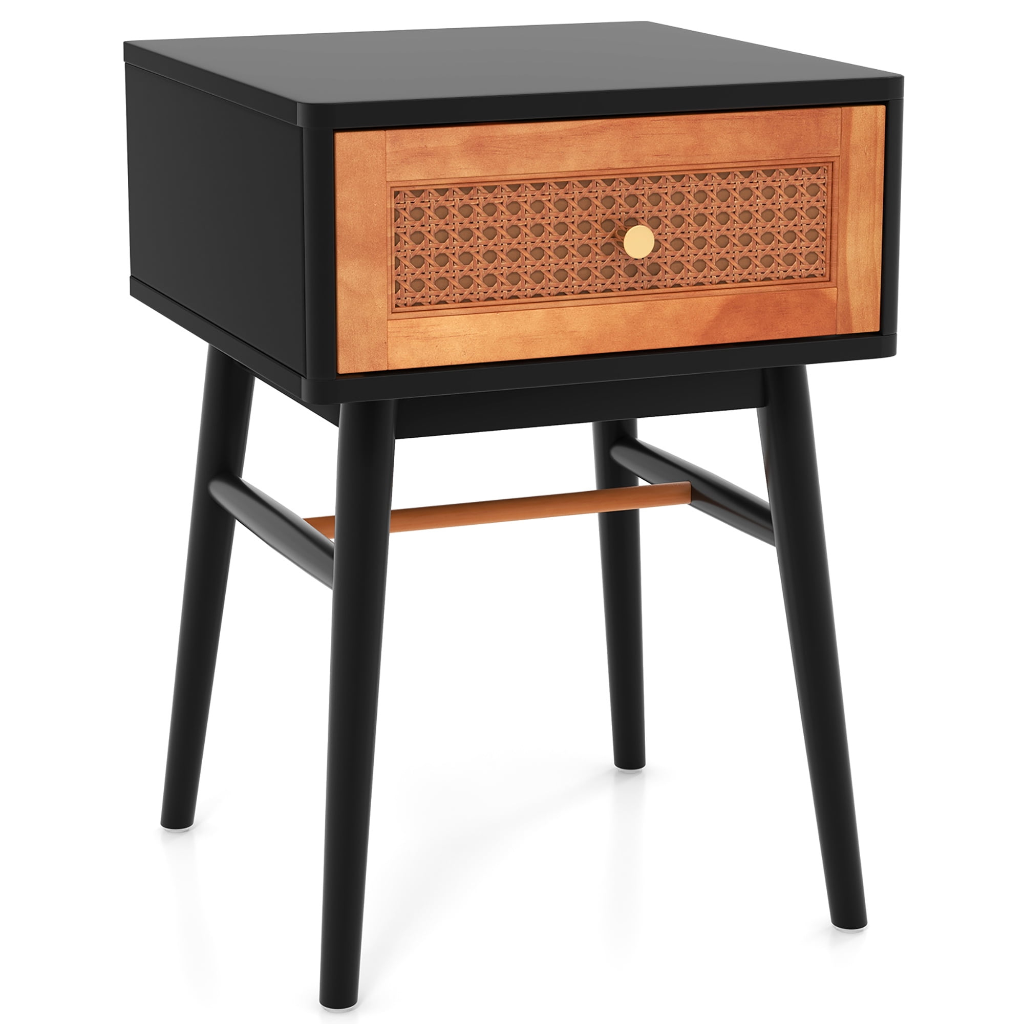 Costway Nightstand Modern Bedside End Table with Storage Drawer & Solid Wood Legs Black
