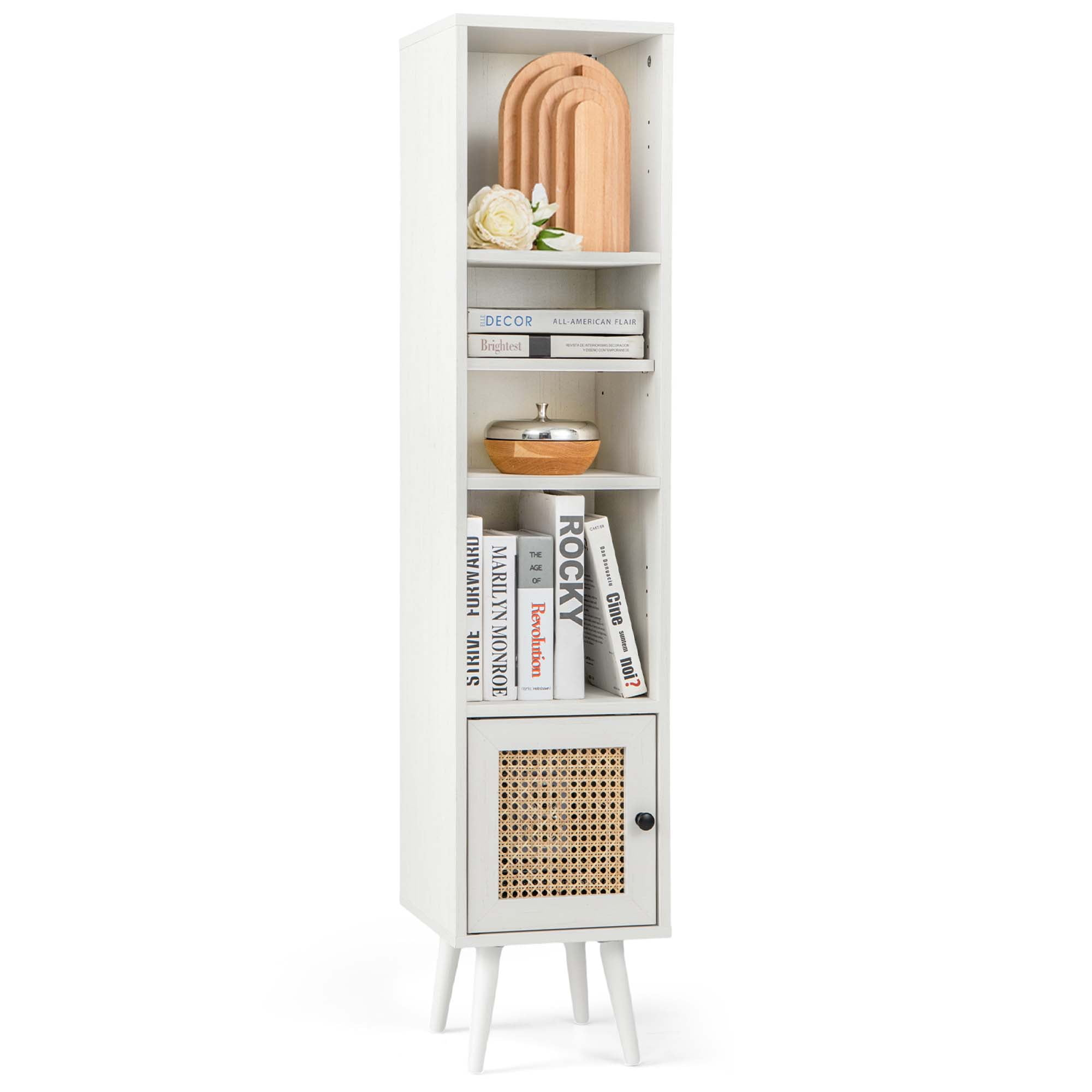 Costway Rattan Storage Cabinet Freestanding Slim Organizer Wood Display Rack Living Room White